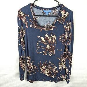 Simply Vera Vera Wang M Floral Long Sleeve Top Women's Blue Rayon Stretch Blouse